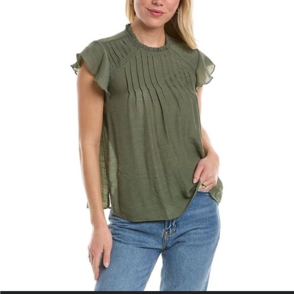 Nanette Lepore Tops - Nanette Lepore Olive Green Cap Sleeve Peasant Blouse Boho Pleat Detail Sz M